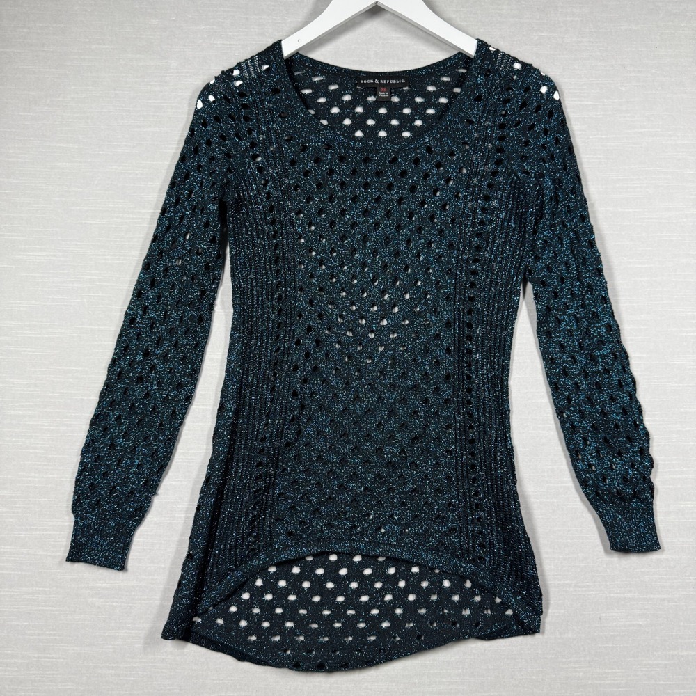 Rock & Republic Top Womens XS Blue Crochet Glitter Holes Mesh Stretch Y2K